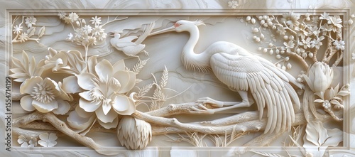 3D carved wood wall mural with cranes, flowers and plants in cream color.