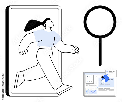Female figure stepping out of a smartphone, magnifying glass symbolizing discovery, and analytics dashboard. Ideal for innovation, technology, business growth, research, creativity, exploration