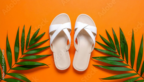 White sandals summer footwear fashion style tropical leaves orange