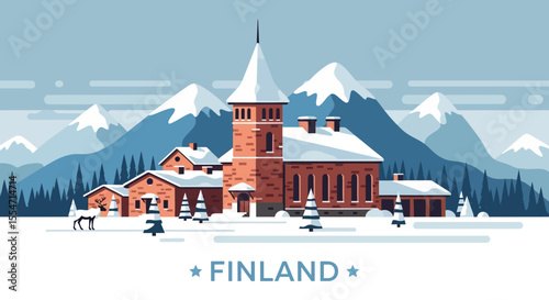 Winter Scene of Finnish Village with Church and Mountains