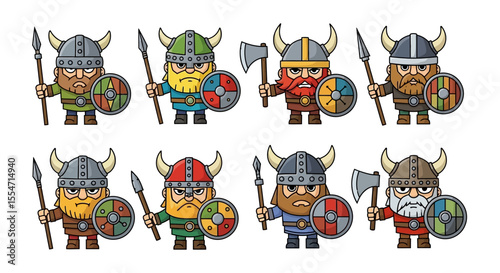 Cartoon Viking Warriors Set with Horned Helmets, Spears, Axes, and Shields