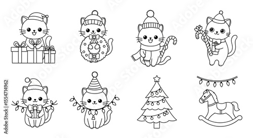 Eight Adorable Christmas Cats Line Art: Festive felines in various poses with gifts, wreaths, candy canes, and holiday decorations.  Simple black line drawings