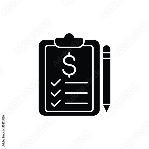 Black and white icon of a checklist with dollar sign and pencil