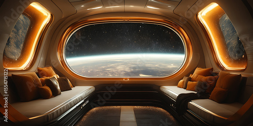 Futuristic spacecraft interior with earth view panoramic window and comfortable seating arrangement featuring warm tones