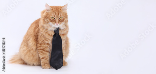 Ginger cat with long fur wearing black tie, sitting on white background, full body, studio portrait, isolated.