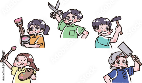 工作道具を持った子どもたちのイラスト