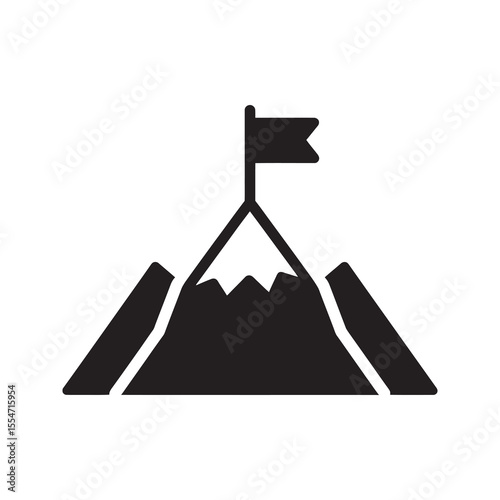 Goal achievement icon with mountain peak and flag representing success and mission accomplishment leadership and reaching the top of a challenge vector solid glyph icon