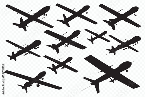 set of reusable drone silhouettes vector set for aerospace technology monitoring security and industrial applications