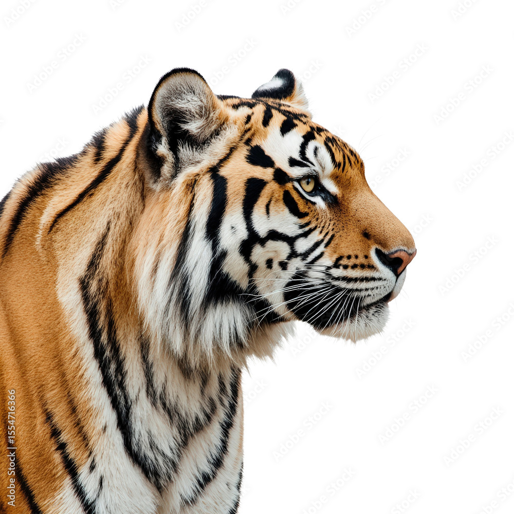 Fototapeta premium Majestic Tiger Portrait: A captivating portrait of a regal tiger, its orange and black stripes glistening in the light, showcasing the power and beauty of the wild.