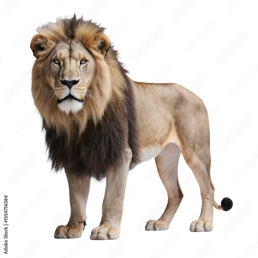 Fototapeta premium Majestic Lion in Profile: A regal male lion, with its distinctive mane, stands proudly in a photorealistic depiction, exuding an aura of strength, power, and untamed wilderness.