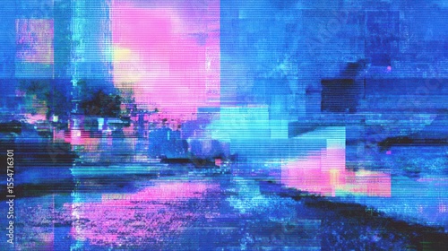 A digital glitch art image blending urban elements with vibrant blue and pink hues, creating an abstract, futuristic cityscape effect.