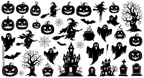 Halloween Black Silhouettes: Pumpkins, Witches, Ghosts, Haunted Houses, and Spooky Elements