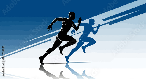 Dynamic Silhouette of Two Sprinters in Intense Race, Running at Full Speed, Blue Gradient Background