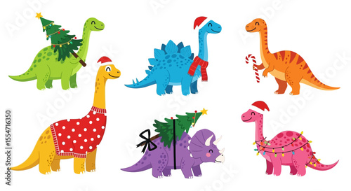 Festive Cartoon Dinosaurs in Christmas Attire and Decorations