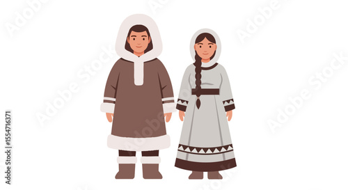 Inuit Couple in Traditional Clothing with Hoods and Fur Trim Detail