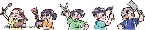工作道具を持った子どもたちのイラスト