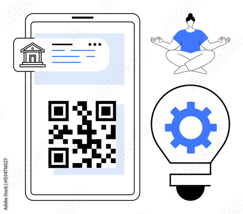 Mobile screen with QR code, bank card icon, lightbulb with gear, and meditating person. Ideal for finance, wellness, tech, payment innovation mindfulness efficiency. Simple flat metaphor