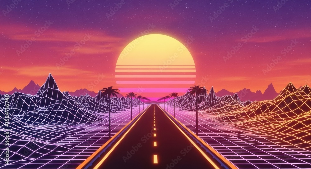 Fototapeta premium Retro Synthwave Highway Sunset with Neon Grid Landscape