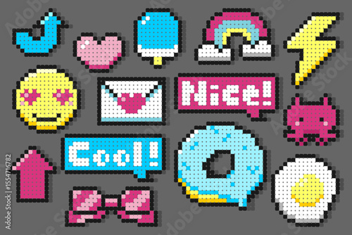 Cute pixel art icons with bead style design, featuring heart, emoji, donut, rainbow, and fun text. Great for digital stickers and kid's designs.
