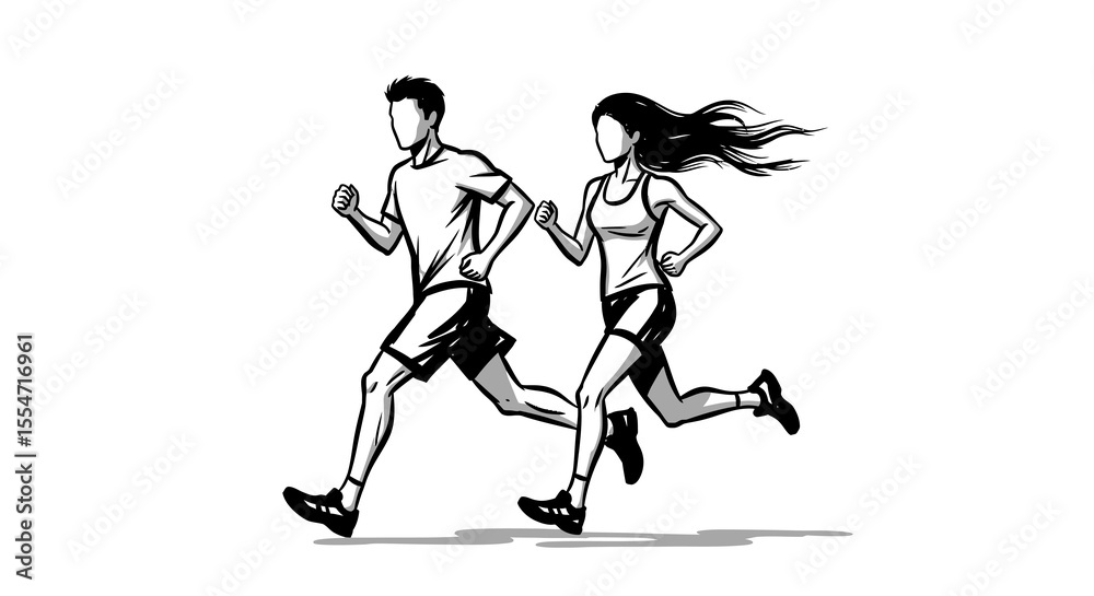 Fototapeta premium Dynamic Black and White Illustration of a Man and Woman Running Together
