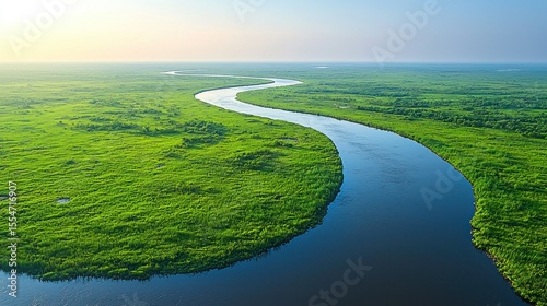 Serpentine river winding through vibrant green marshland.  Aerial view of tranquil landscape.  Sunrise or sunset light