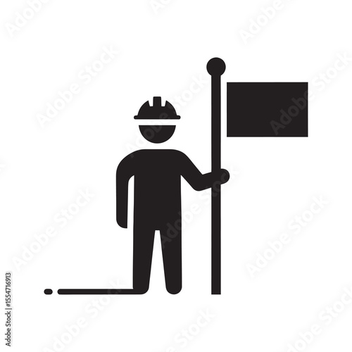 Project milestone icon with construction worker holding flag representing leadership and goal achievement foreman celebrating successful completion vector solid glyph icon