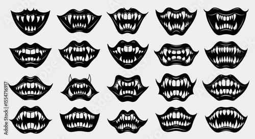 Collection of Twenty-Four Monochrome Monster Mouths with Sharp Fangs and Teeth