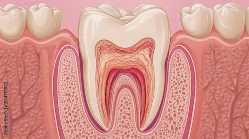 Detailed Anatomy of a Human Tooth: Cross-Section View Showing Internal Structures and Surrounding Tissues