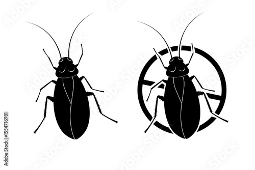Cockroach silhouette and no cockroach sign in black and white
