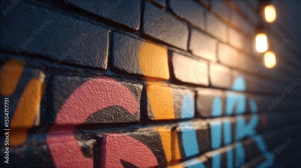 custom made wallpaper toronto digitalHyper-Realistic Black Brick Wall with Vivid Neon Graffiti Art