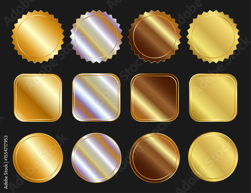 Set of  realistic foil sticker templates for medal, badge. Label with metallic holographic effect of gold, bronze, silver. Round and square shiny rainbow emblems, star. Vector EPS10