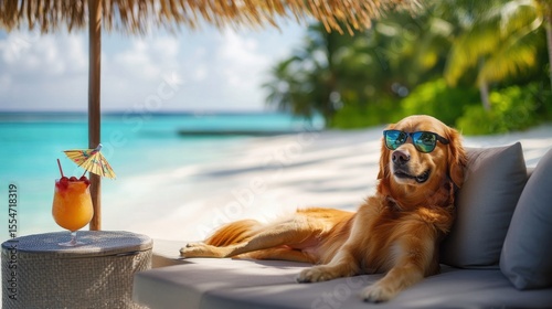 Golden Retriever Relaxing on Tropical Beach with Cocktail, Sunny Day Getaway