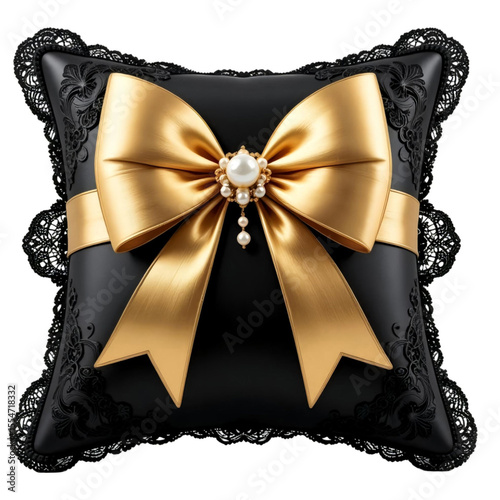 Luxurious Black Pillow With Intricate Lace Edges, Adorned With An Elegant Gold Bow And Pearl Accents. The Design Conveys Sophisticated And Opulent Tone.eps