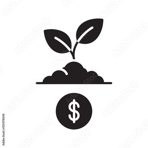 Investment growth icon with plant and dollar coin for financial savings and business startup funding return on investment and wealth creation vector solid glyph icon