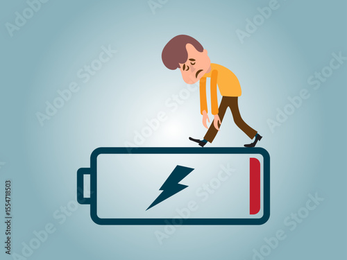Concept of running out of energy to work. employee is exhausted but still working. low battery and tired. work problems. illustration of a worker working by supporting a battery. flat style design.