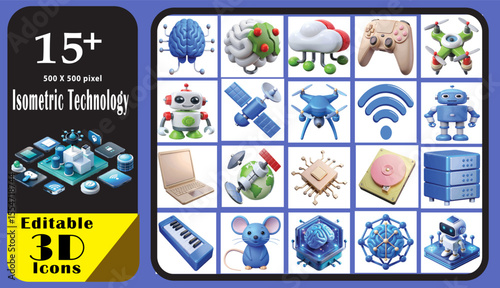 Collection of modern isometric technology and digital icons representing innovation and future concepts.