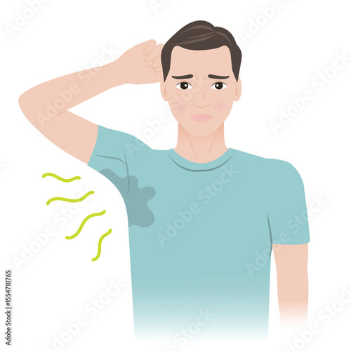 The man with body odor problem vector illustration. The guy is sweating and feeling bad smell from his armpits The body odor men is caused by a mix of bacteria and sweat on skin surface.