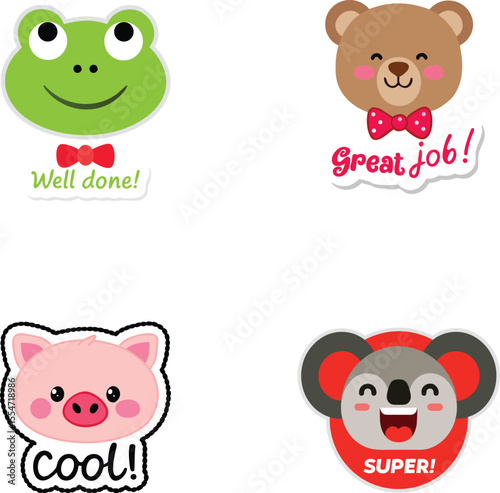 Children's amazing funny stickers with animal characters and motivational quote vector set. Cartoon Animal sticker Emoji Vector.