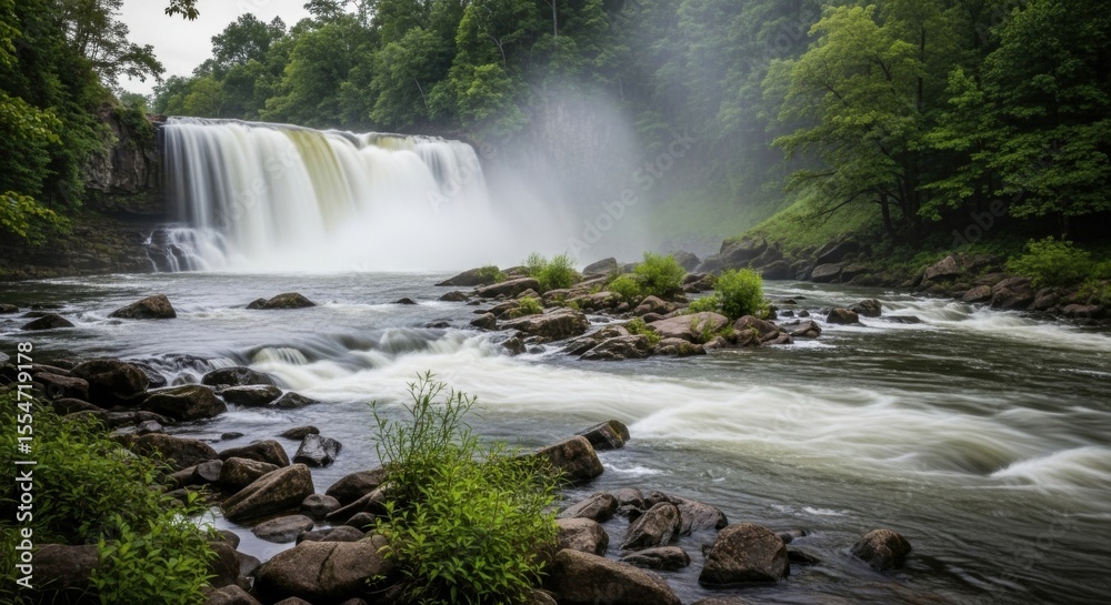 Fototapeta premium Majestic Waterfall Cascading Through Lush Green Forest Scenic Nature Landscape