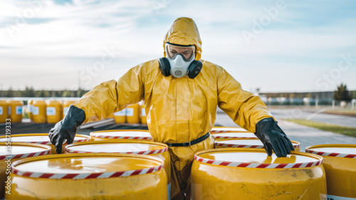 Worker in protective suit handling hazardous waste barrels outdoors