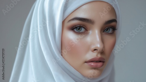 Portrait of a young woman wearing a white hijab with natural makeup and soft lighting