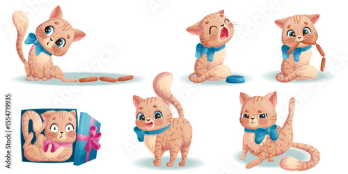 A set of cute kittens performing different actions. A charming animal with a bow around its neck. Isolated vector illustration for design, prints and patterns.