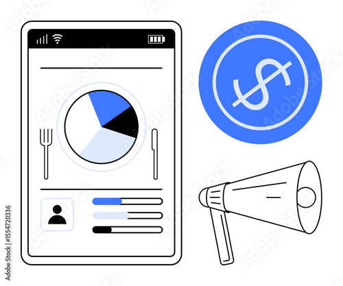 Digital dashboard with pie chart, user details, profile metrics on smartphone, dollar icon, and megaphone. Ideal for marketing, analytics, finance, user management promotion investment simple flat