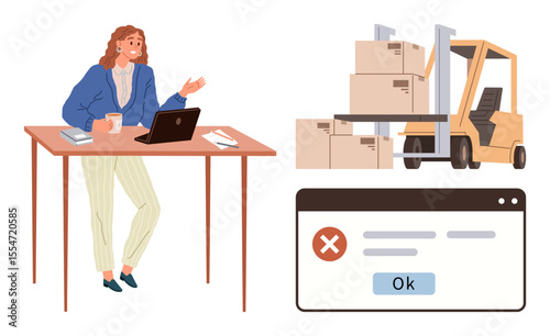 Woman using laptop at desk with coffee, forklift carrying boxes, error alert pop-up. Ideal for logistics, warehouse, inventory management, problem-solving, troubleshooting, communication business