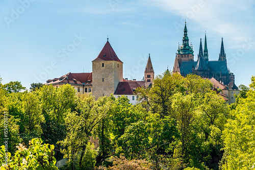 A view from the castle gardens looking back towards the castle complex and the cathedral  in Prague in springtime