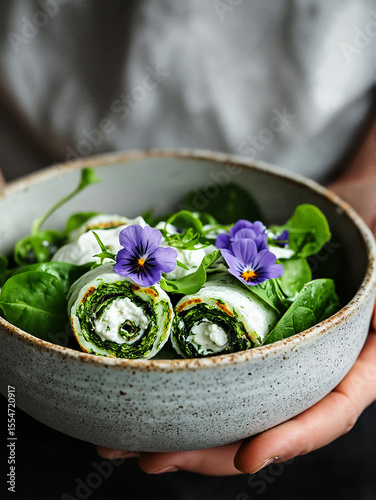 Fresh vegetable rolls with cream cheese and edible flowers in bowl  