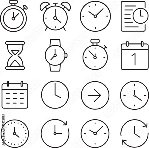 Time icon set. Containing timer, alarm, clock, schedule, hourglass, wristwatch, stopwatch, date, calendar, time management and more. Editable line icons. Vector illustration