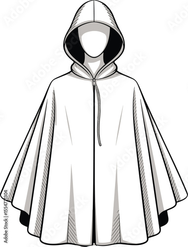 Hooded poncho, cloak,  design, illustration, vector, zip cape, apparel, sketch, trendy, garment, stylish, wearable, streetwear, layer, draped, minimalist, coat, cad drawing flat vector illustration