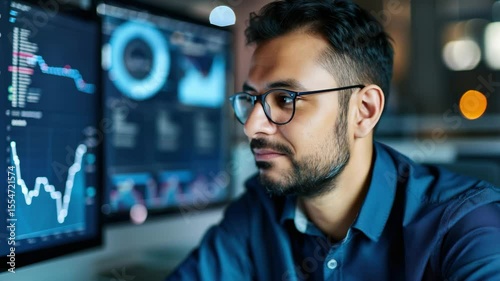 Businessman analyzing finance data and stock market trends computer screen, focused technology and analysis modern office, confident professional male with glasses working digital chart and market