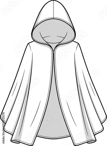 Hooded, poncho, cloak, cape, jacket, outerwear, fashion, garment, design, zip, front, draped, stylish, unisex, apparel, cad, drawing, flat, vector, illustration

